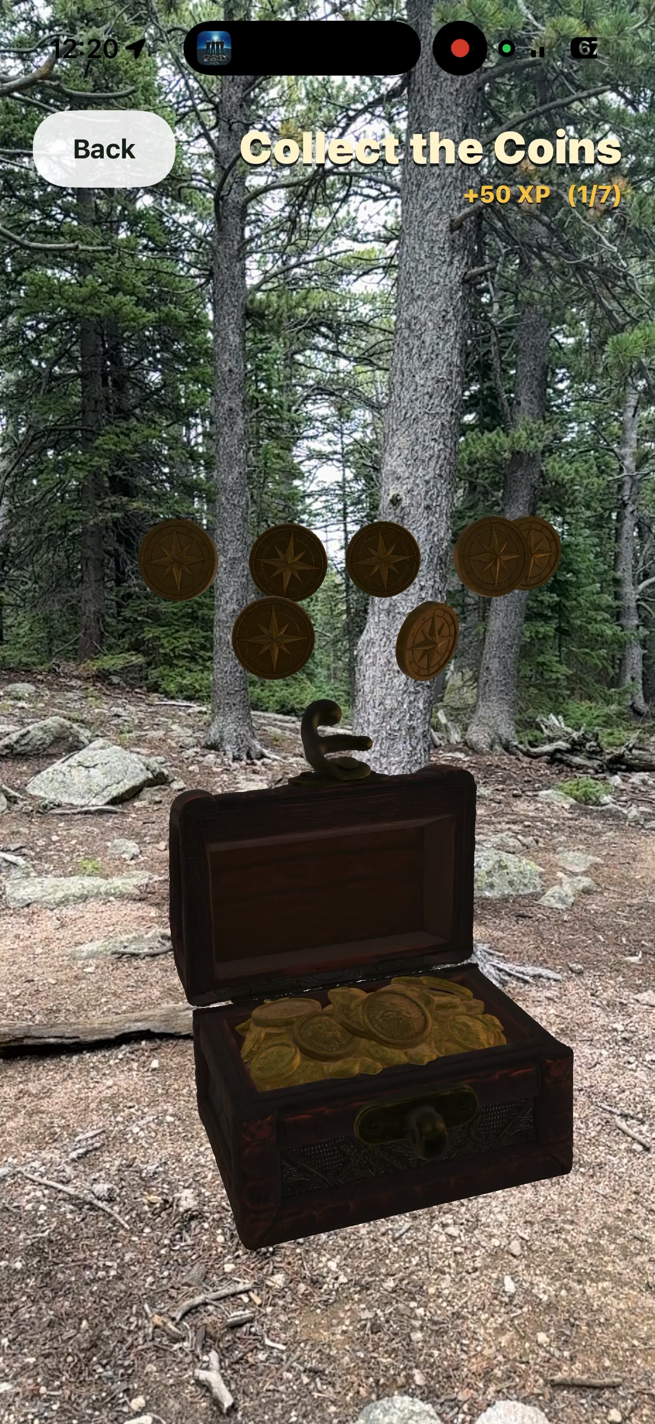 AR treasure chest coin collection screen