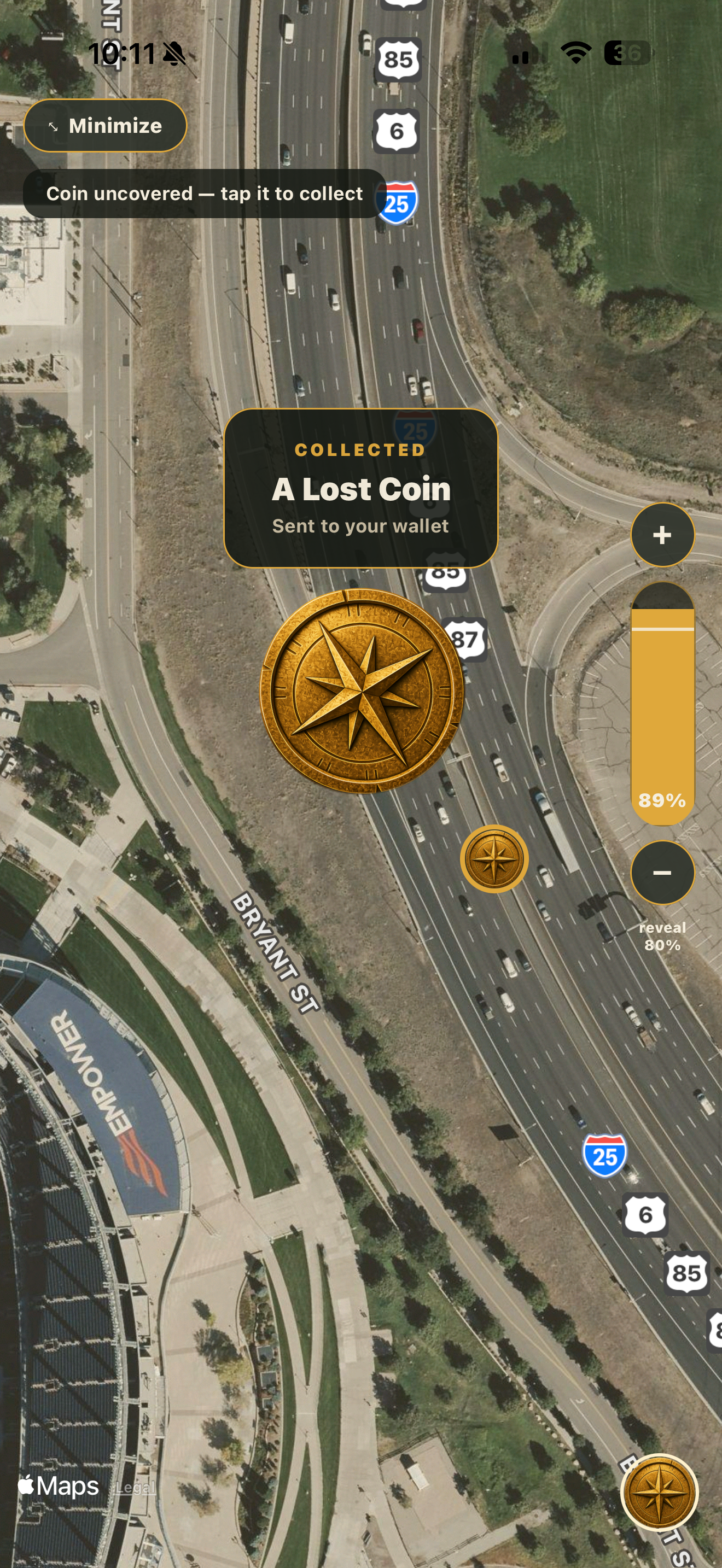 Collected lost coin wallet screen