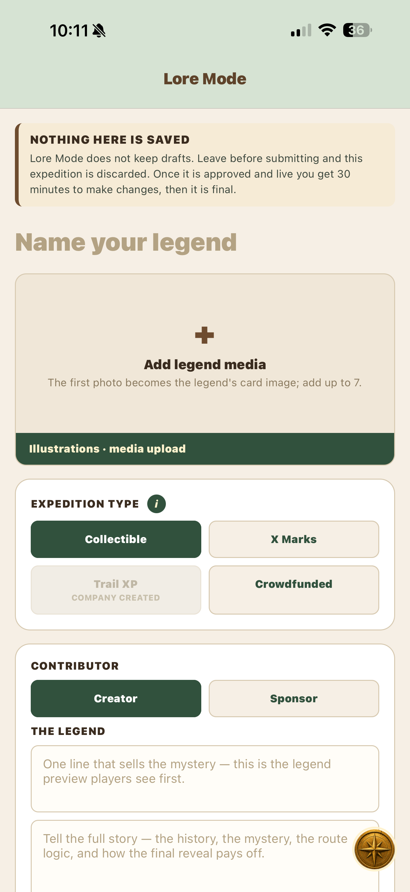 Lore Mode create legend screen