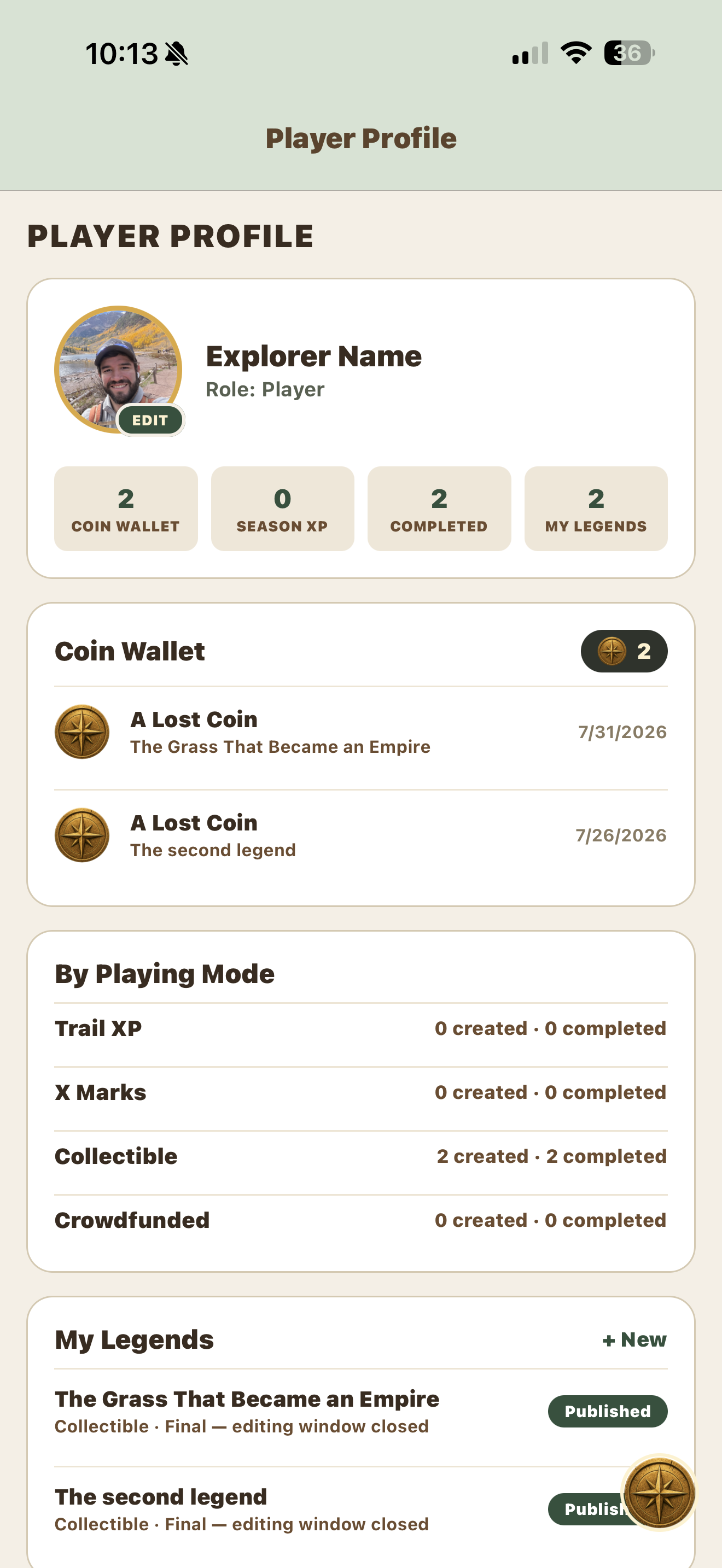 Player profile and coin wallet screen