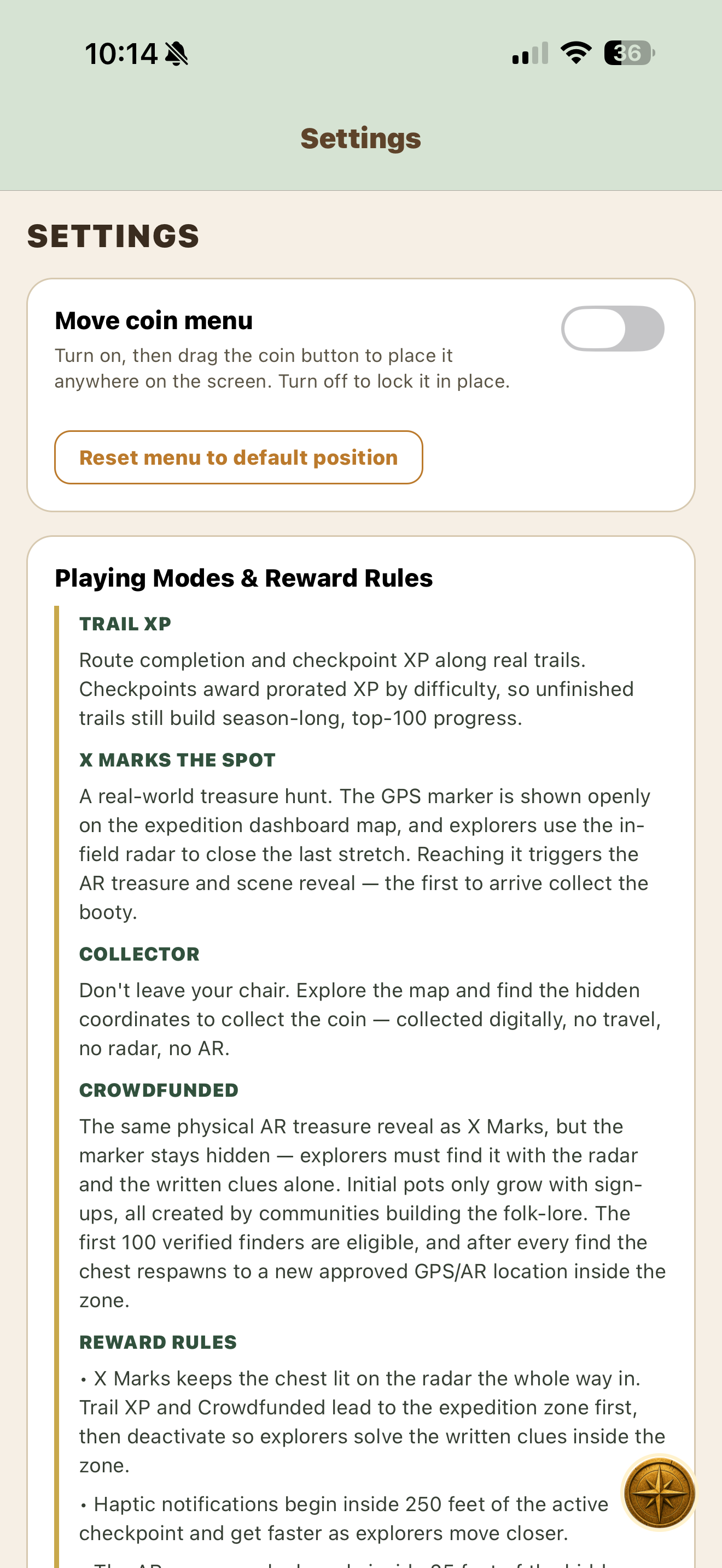 Settings and reward rules screen